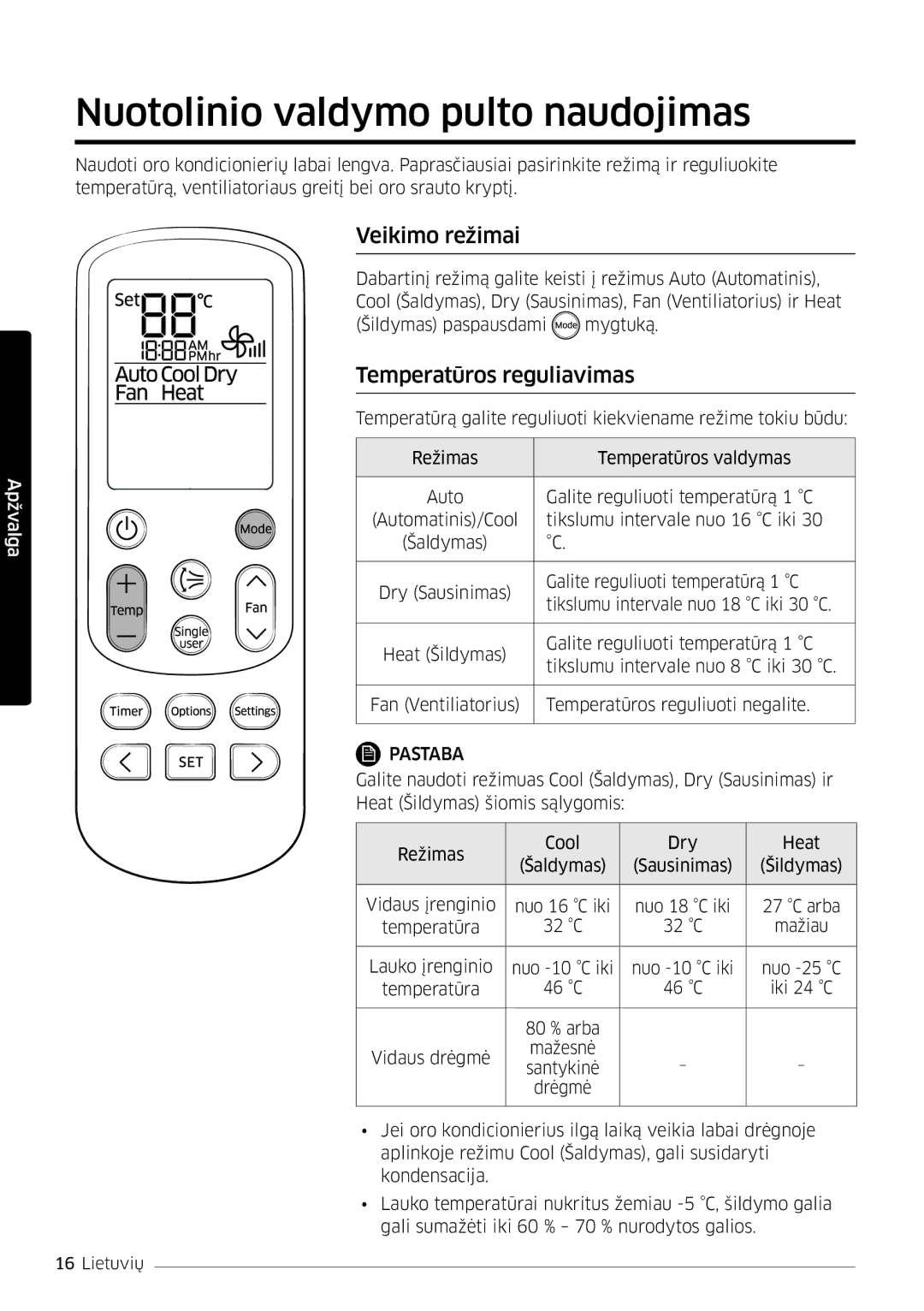 Samsung AR09JSFPPWQNEE, AR12JSFPPWQNEE Nuotolinio valdymo pulto naudojimas, Veikimo režimai, Temperatūros reguliavimas 