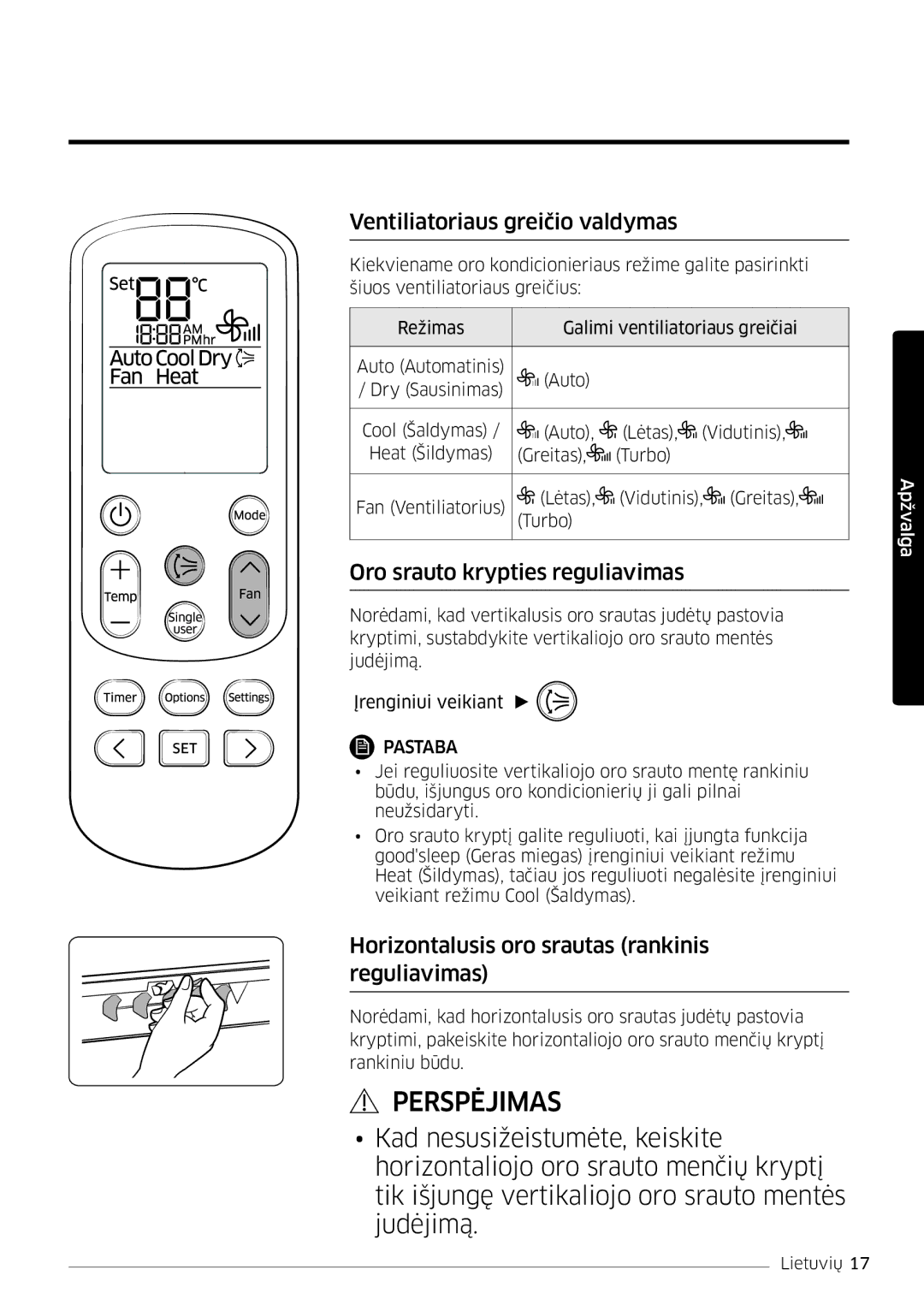 Samsung AR12JSFPPWQNEE, AR09JSFPPWQNEE manual Ventiliatoriaus greičio valdymas, Oro srauto krypties reguliavimas 