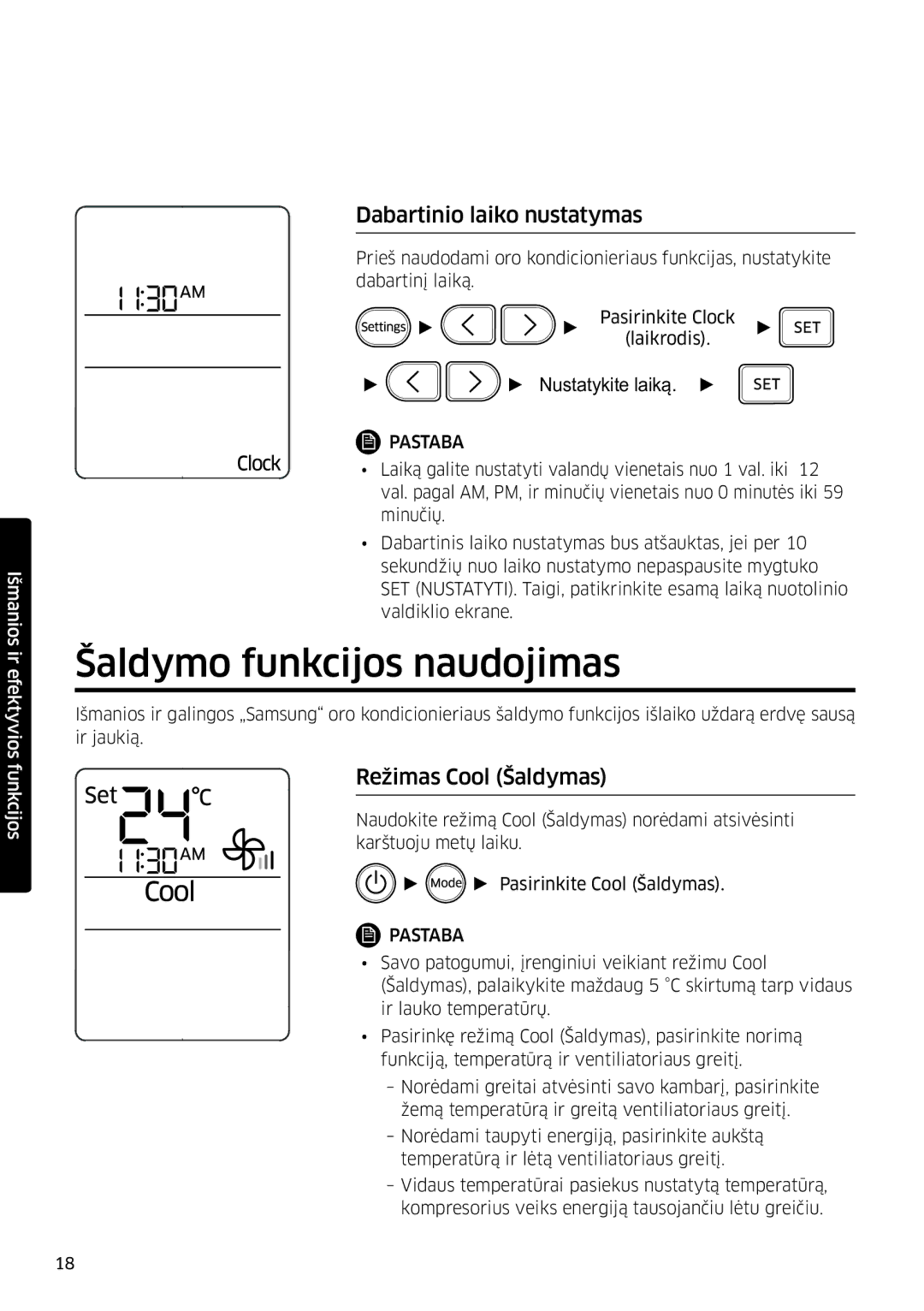 Samsung AR09JSFPPWQNEE, AR12JSFPPWQNEE Šaldymo funkcijos naudojimas, Dabartinio laiko nustatymas, Režimas Cool Šaldymas 