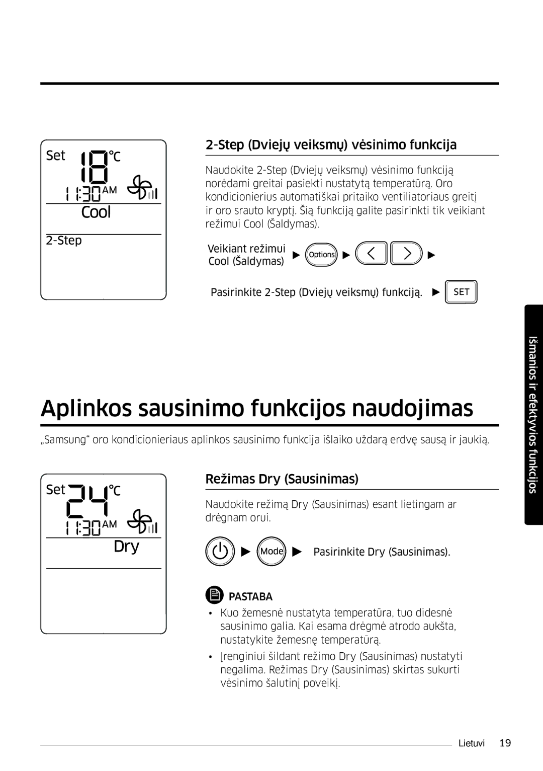 Samsung AR12JSFPPWQNEE, AR09JSFPPWQNEE manual Aplinkos sausinimo funkcijos naudojimas, Step Dviejų veiksmų vėsinimo funkcija 