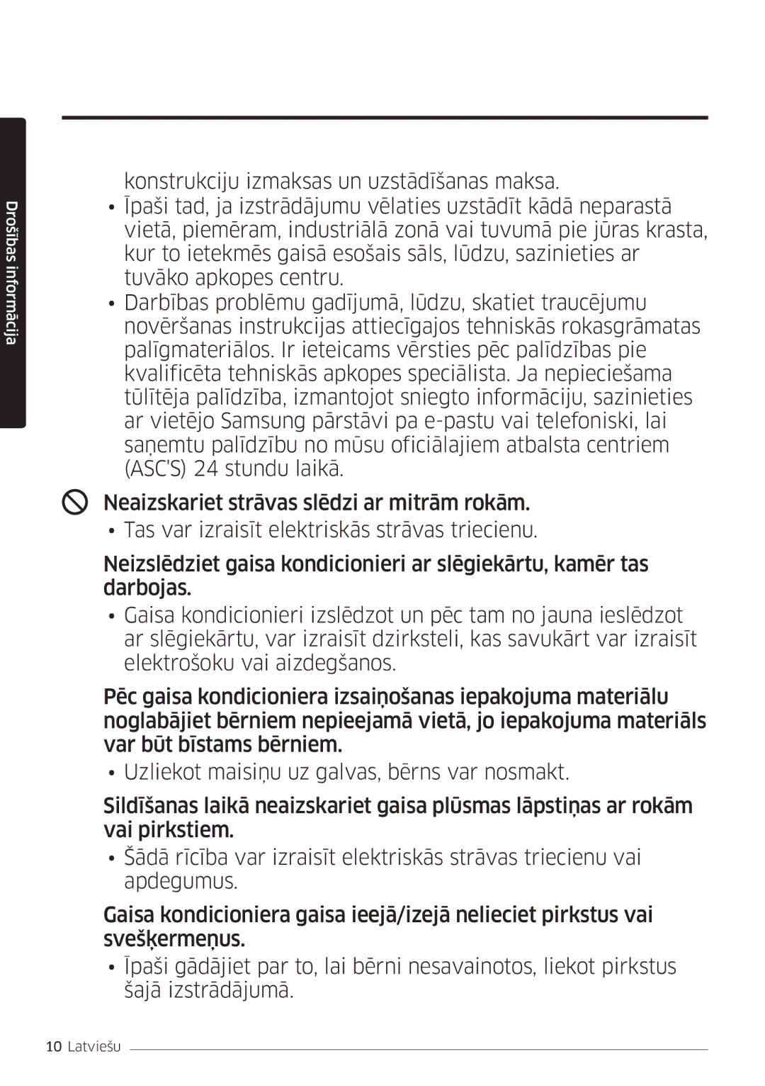 Samsung AR09JSFPPWQNEE, AR12JSFPPWQNEE manual Drošības informācija 