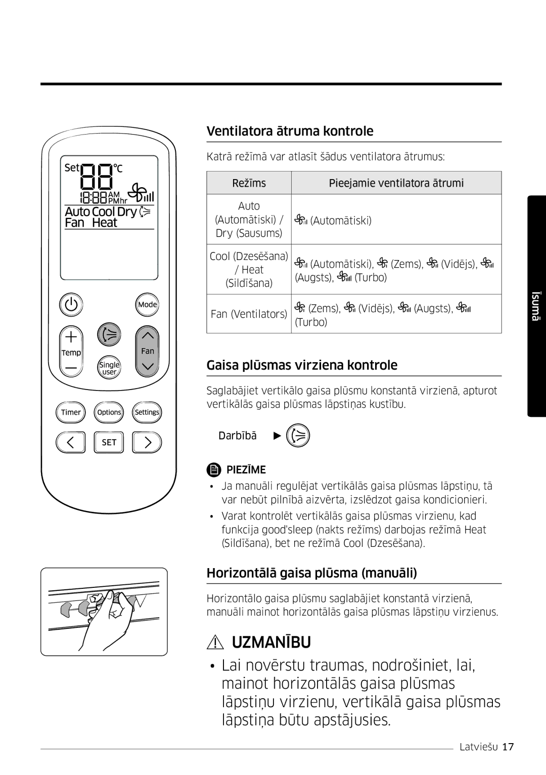 Samsung AR12JSFPPWQNEE Ventilatora ātruma kontrole, Gaisa plūsmas virziena kontrole, Horizontālā gaisa plūsma manuāli 