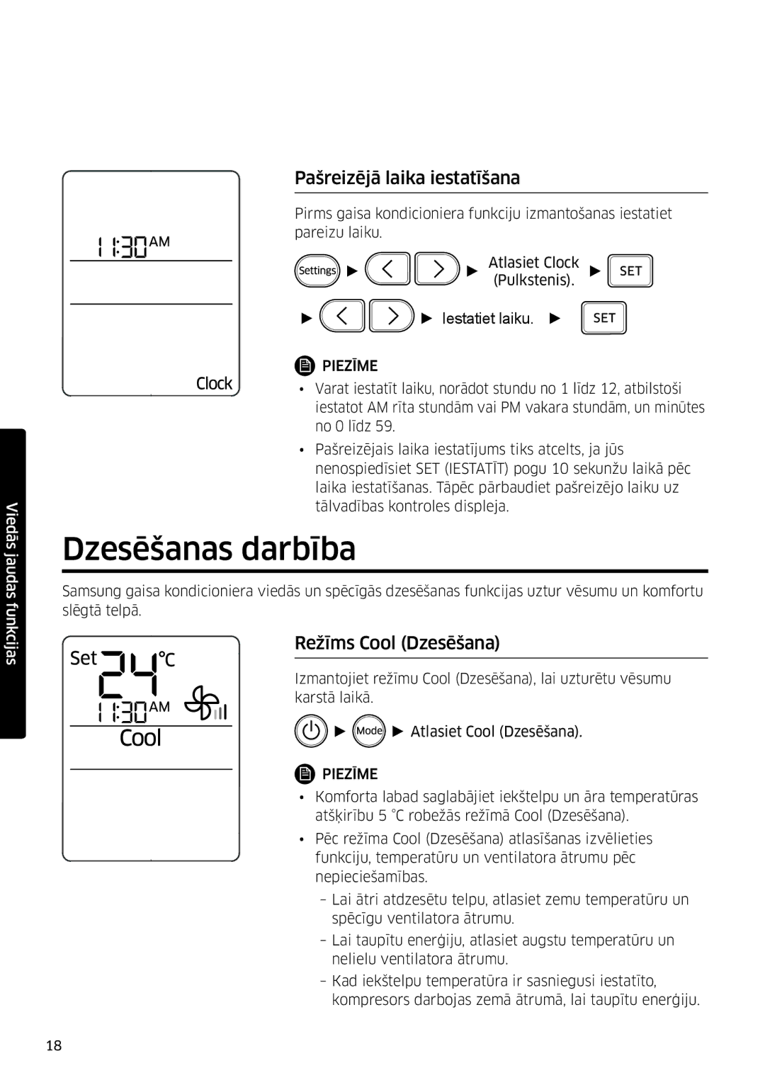 Samsung AR09JSFPPWQNEE, AR12JSFPPWQNEE manual Dzesēšanas darbība, Pašreizējā laika iestatīšana, Režīms Cool Dzesēšana 