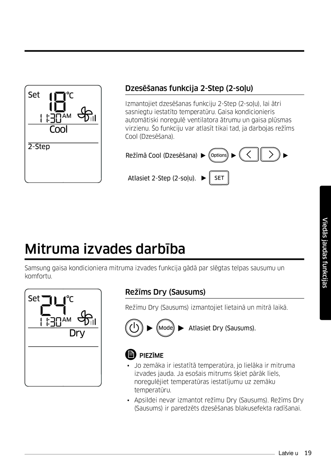 Samsung AR12JSFPPWQNEE, AR09JSFPPWQNEE manual Mitruma izvades darbība, Dzesēšanas funkcija 2- -soļu, Režīms Dry Sausums 