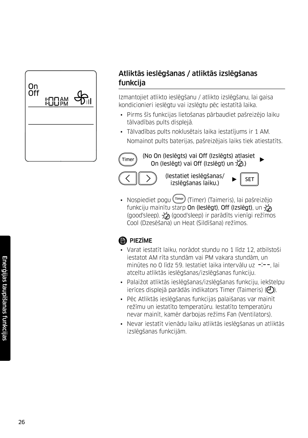 Samsung AR09JSFPPWQNEE, AR12JSFPPWQNEE manual Atliktās ieslēgšanas / atliktās izslēgšanas funkcija 