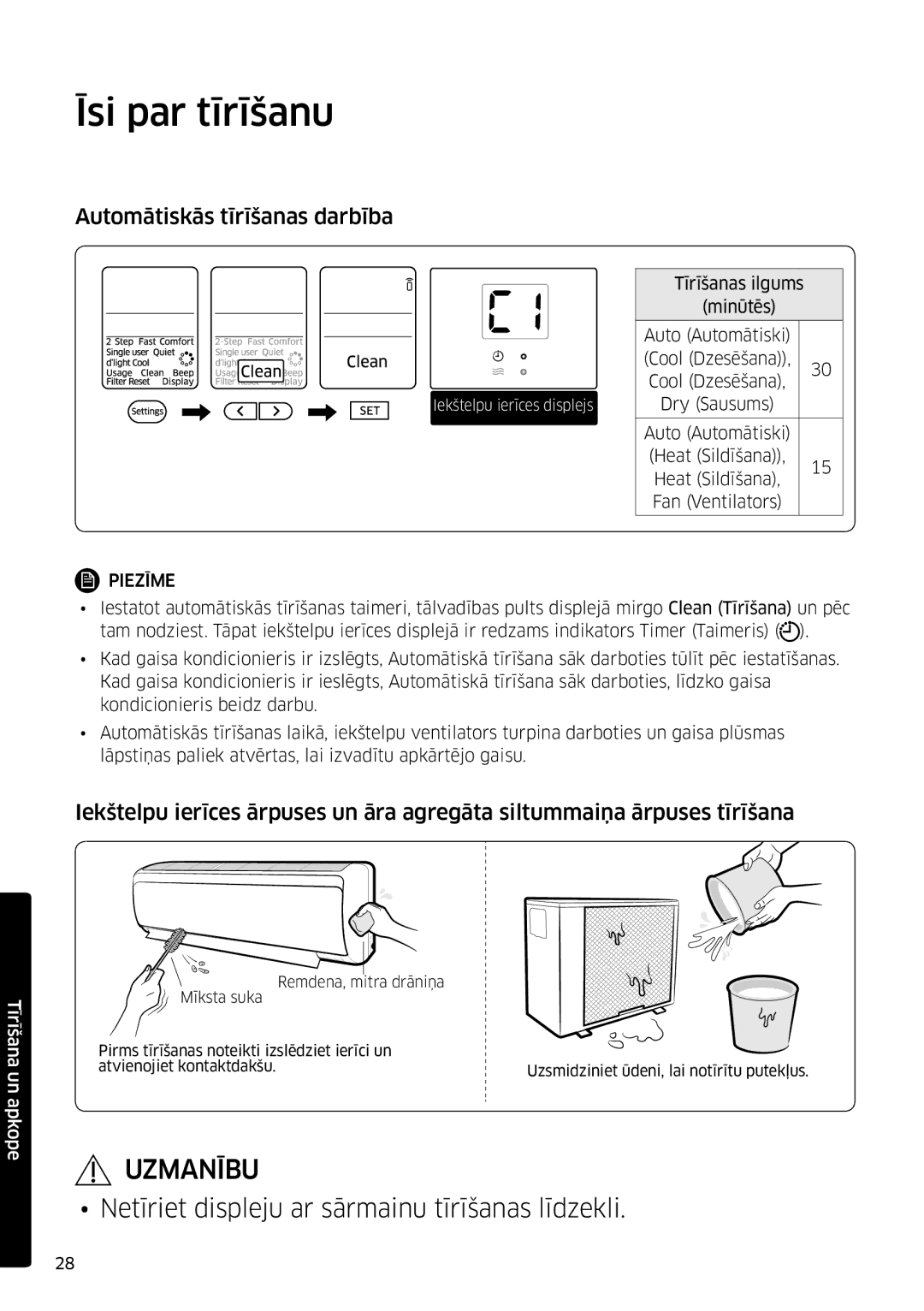 Samsung AR09JSFPPWQNEE, AR12JSFPPWQNEE manual Īsi par tīrīšanu, Automātiskās tīrīšanas darbība 