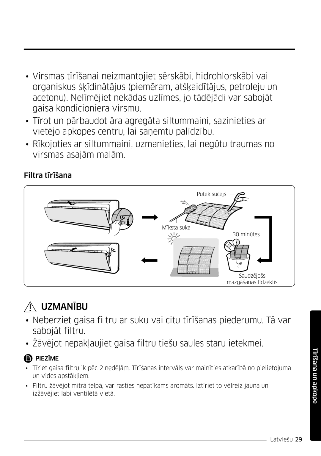 Samsung AR12JSFPPWQNEE, AR09JSFPPWQNEE manual Filtra tīrīšana 