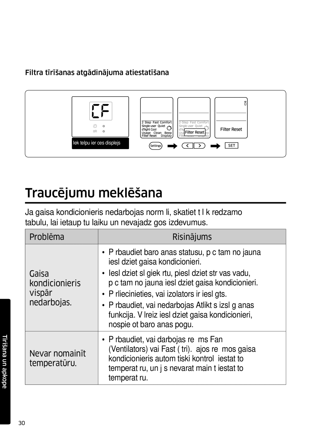 Samsung AR09JSFPPWQNEE, AR12JSFPPWQNEE manual Traucējumu meklēšana, Filtra tīrīšanas atgādinājuma atiestatīšana 