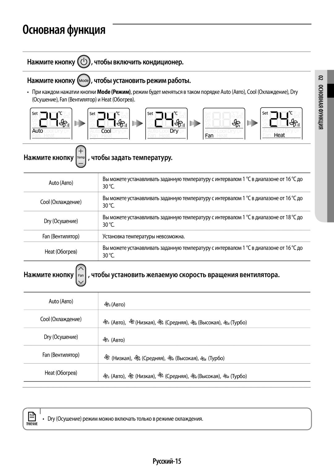 Samsung AR09KQFHBWKNER, AR12KQFHBWKNER manual Нажмите кнопку , чтобы задать температуру, Русский-15 