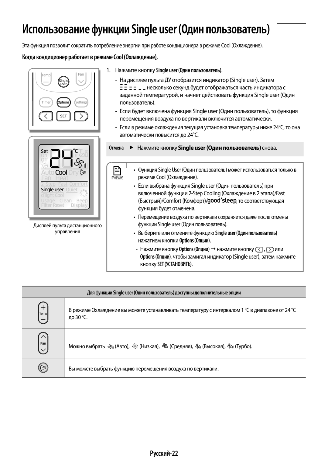 Samsung AR12KQFHBWKNER manual Русский-22, Нажмите кнопку Single user Один пользователь, Автоматически повысится до 24C 