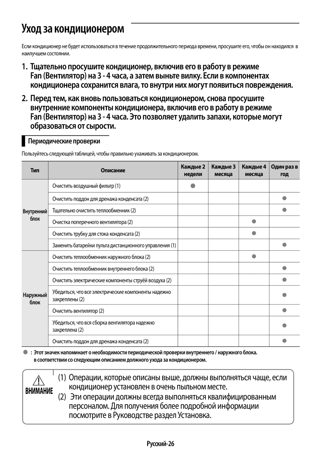 Samsung AR12KQFHBWKNER, AR09KQFHBWKNER manual Уход за кондиционером, Русский-26 