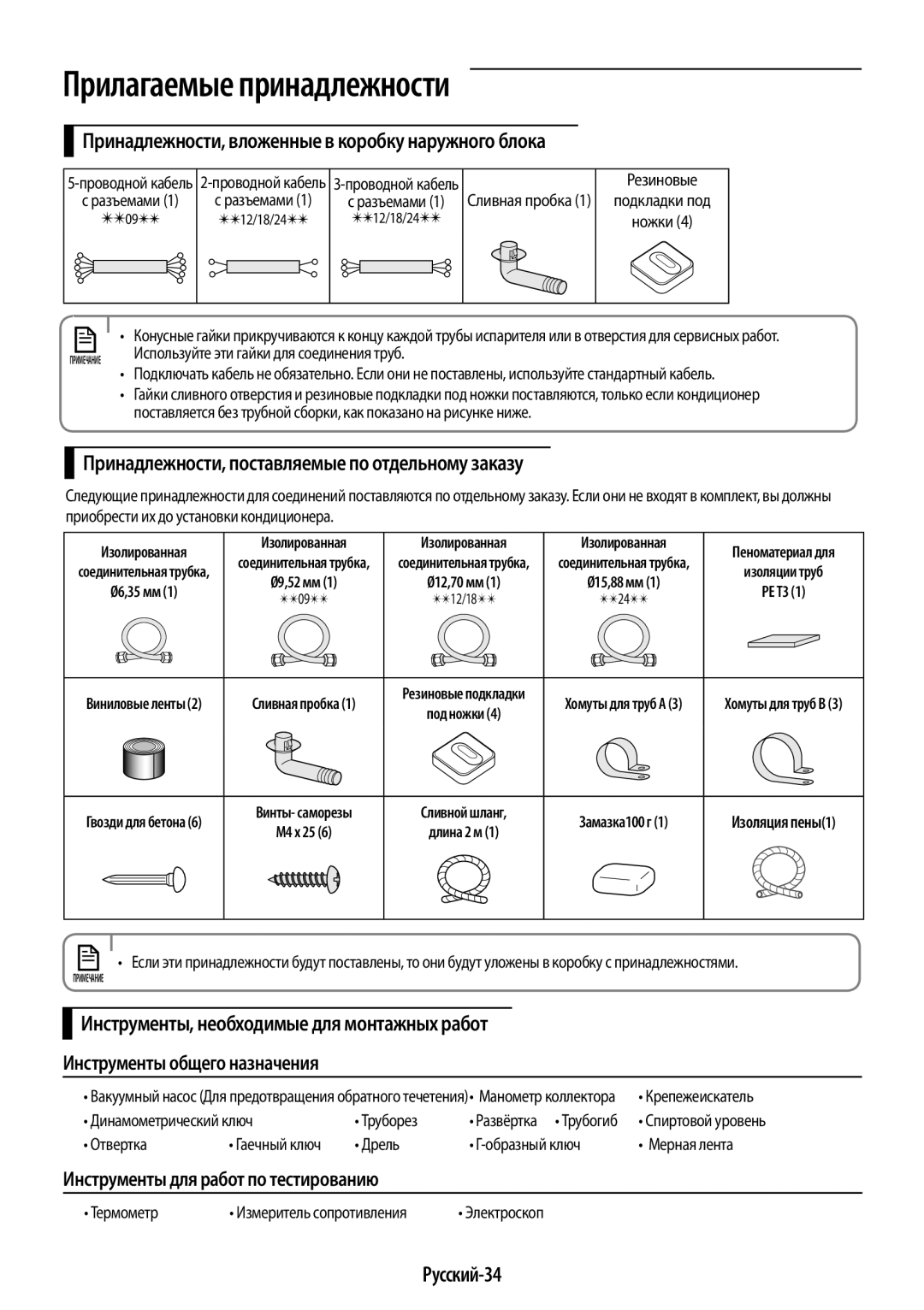 Samsung AR12KQFHBWKNER manual Принадлежности, вложенные в коробку наружного блока, Инструменты для работ по тестированию 