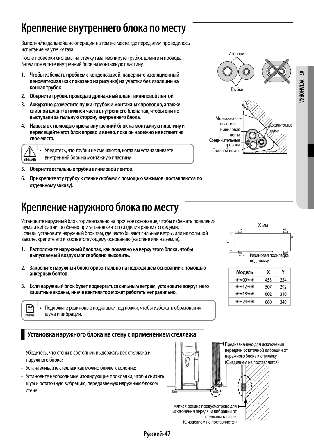 Samsung AR09KQFHBWKNER manual Русский-47, Шума и вибрации, Установка наружного блока на стену с применением стеллажа 