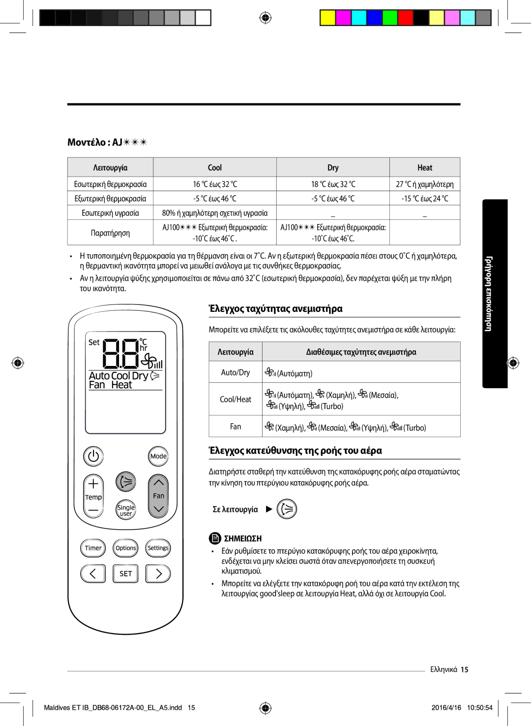 Samsung AR12KSFPEWQNET, AR09KSFPEWQNET Μοντέλο AJ, Έλεγχος ταχύτητας ανεμιστήρα, Έλεγχος κατεύθυνσης της ροής του αέρα 