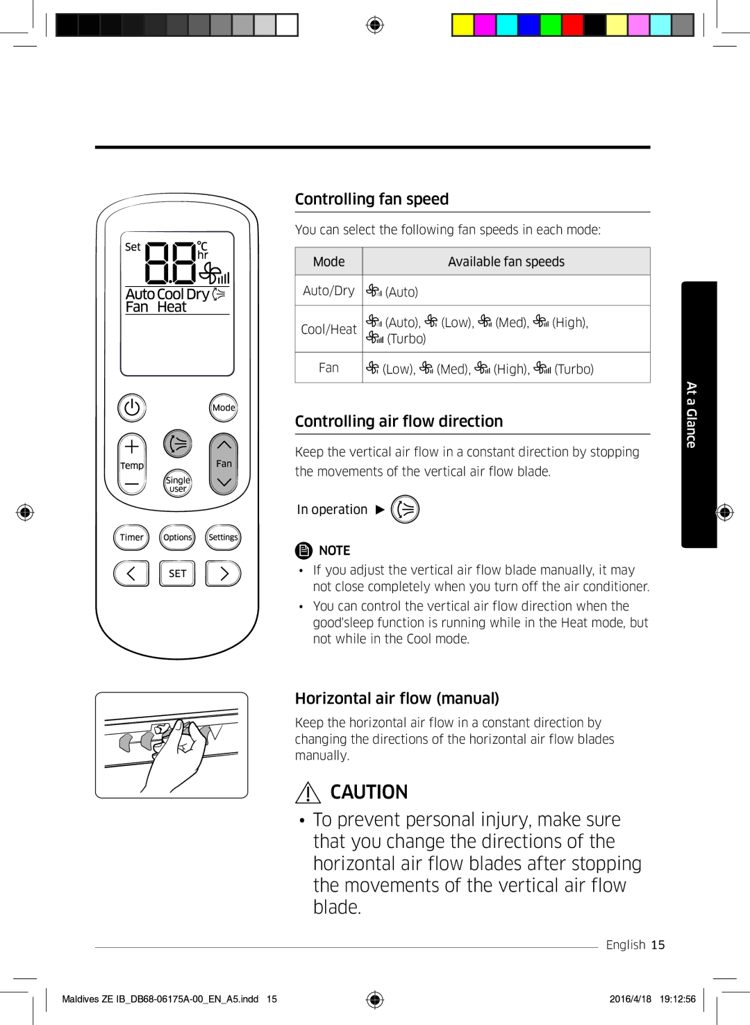 Samsung AR12KSFPEWQNZE, AR09KSFPEWQNZE Controlling fan speed, Controlling air flow direction, Horizontal air flow manual 