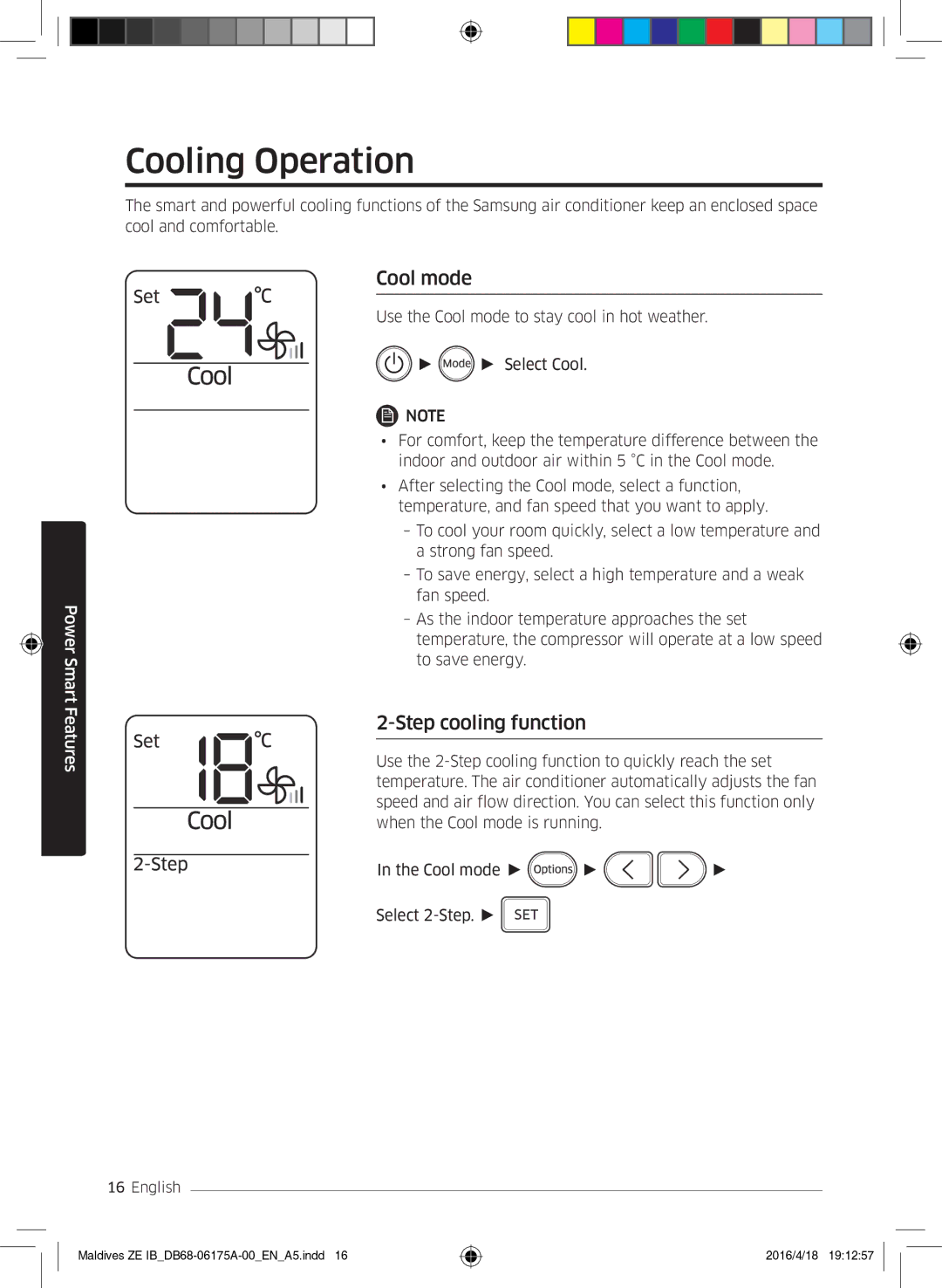 Samsung AR09KSFPEWQNZE, AR12KSFPEWQNZE manual Cooling Operation, Cool mode, Step cooling function 