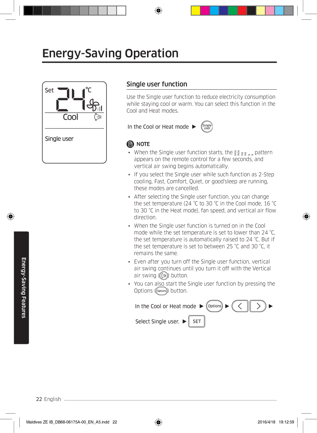 Samsung AR09KSFPEWQNZE, AR12KSFPEWQNZE manual Energy-Saving Operation, Single user function 