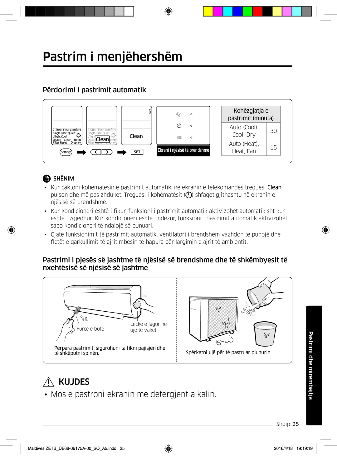 Samsung AR12KSFPEWQNZE, AR09KSFPEWQNZE manual Pastrim i menjëhershëm, Përdorimi i pastrimit automatik 