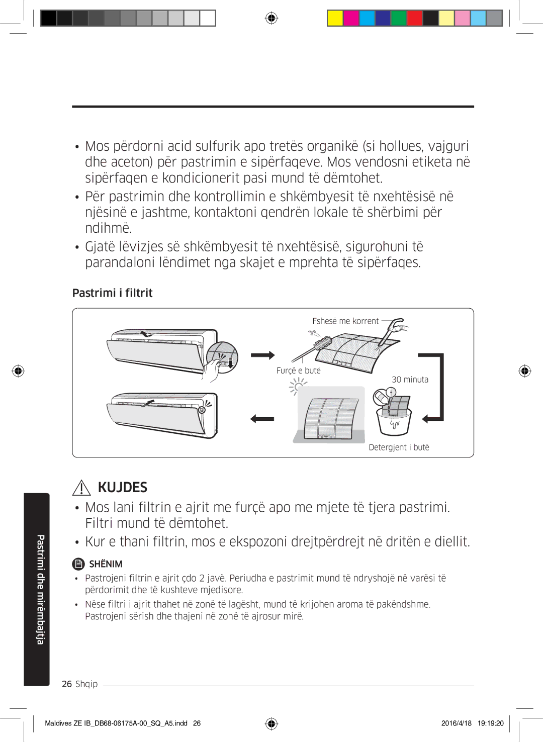 Samsung AR09KSFPEWQNZE, AR12KSFPEWQNZE manual Pastrimi i filtrit 