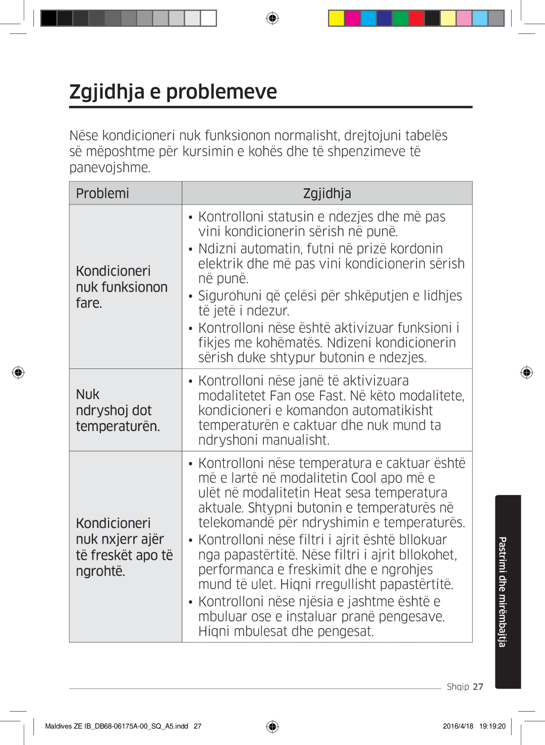 Samsung AR12KSFPEWQNZE, AR09KSFPEWQNZE manual Zgjidhja e problemeve 