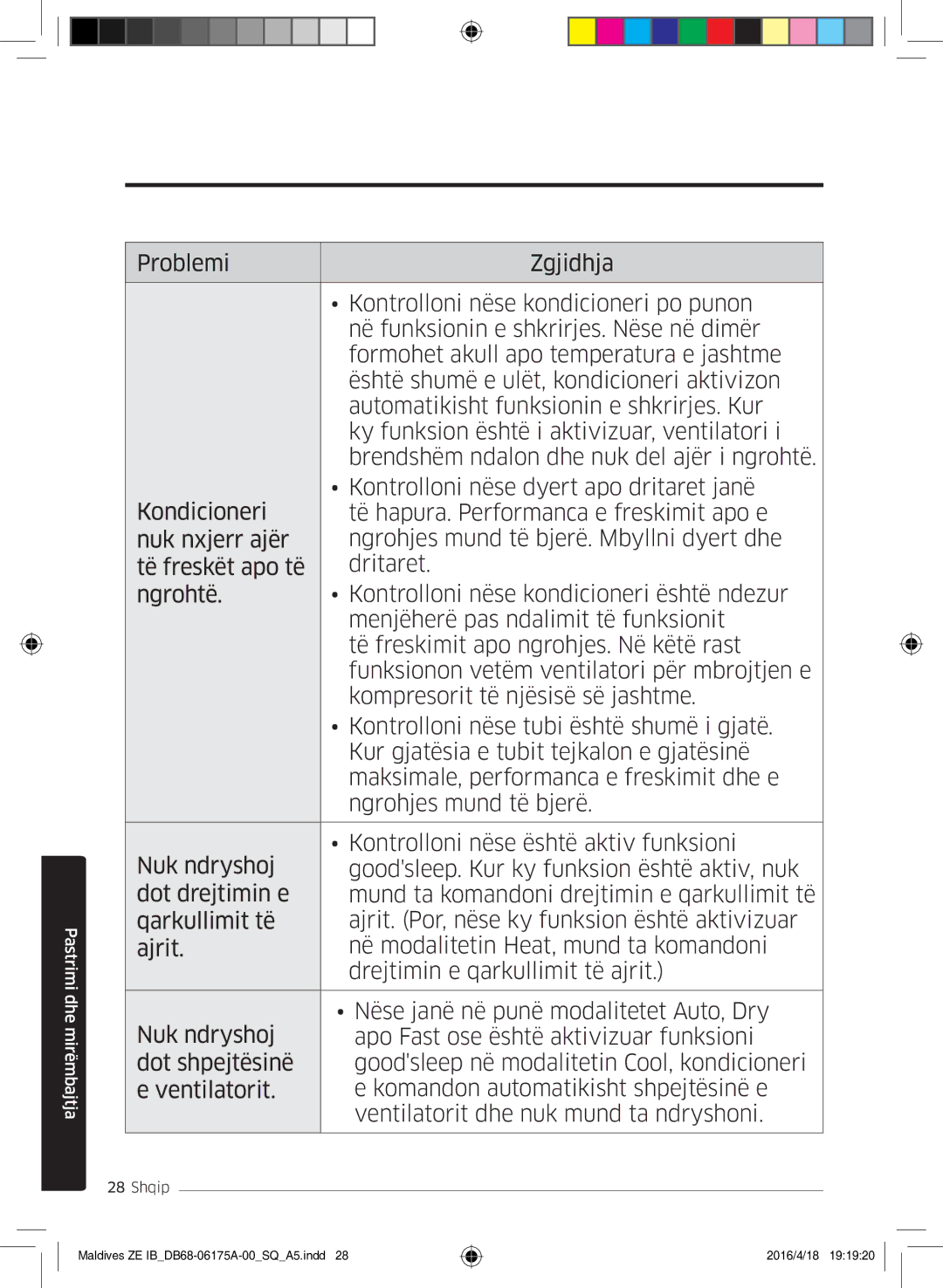 Samsung AR09KSFPEWQNZE, AR12KSFPEWQNZE manual Pastrimi dhe mirëmbajtja 