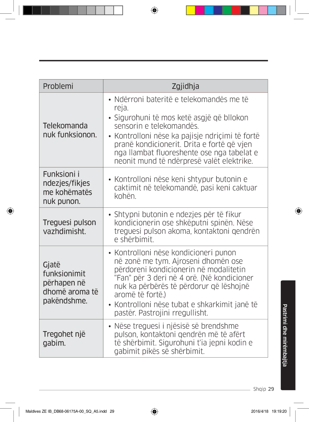 Samsung AR12KSFPEWQNZE, AR09KSFPEWQNZE manual Pastrimi dhe mirëmbajtja 