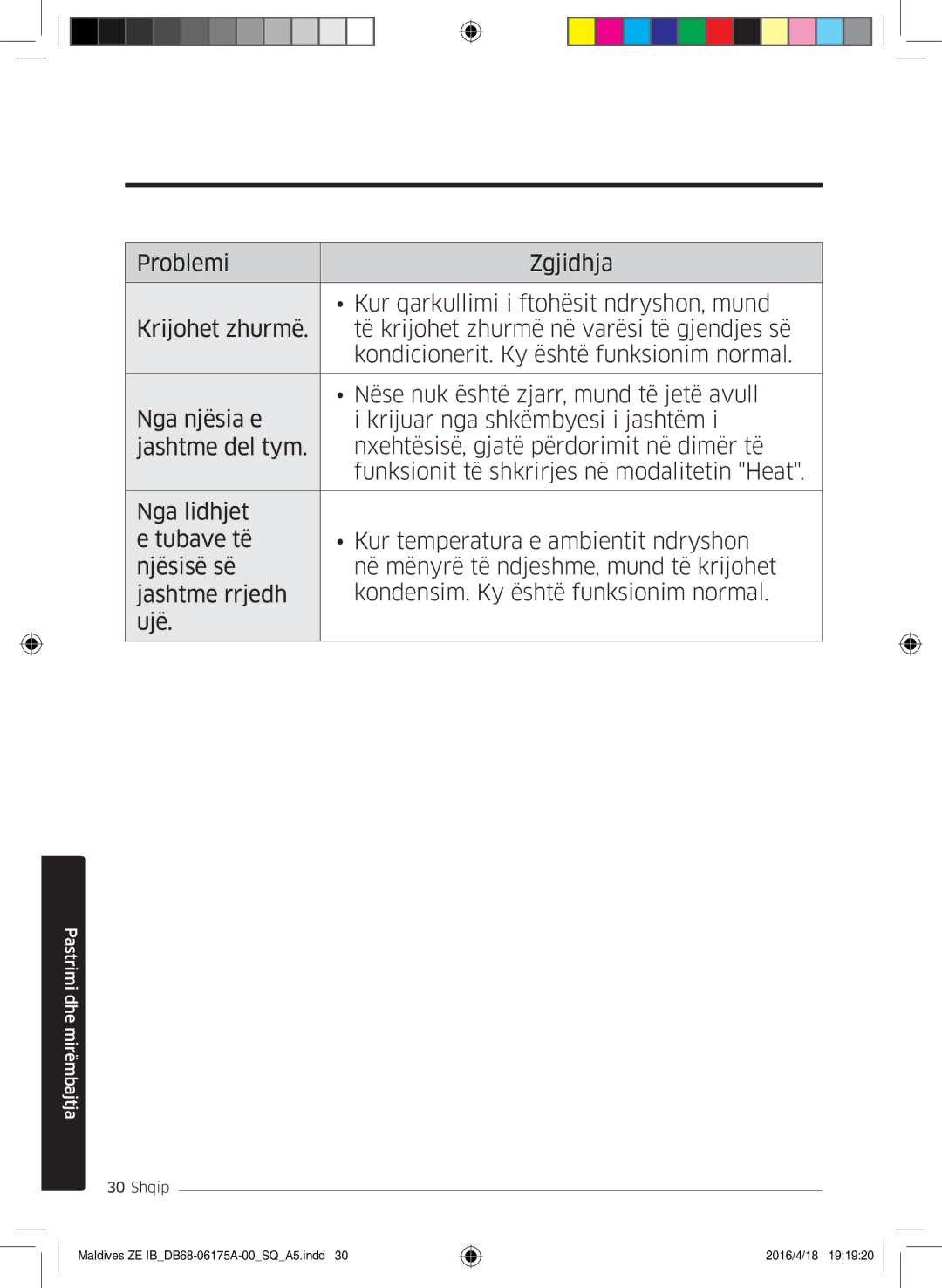 Samsung AR09KSFPEWQNZE, AR12KSFPEWQNZE manual Pastrimi dhe mirëmbajtja 