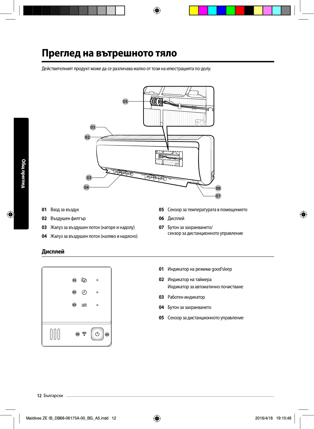 Samsung AR09KSFPEWQNZE, AR12KSFPEWQNZE manual Преглед на вътрешното тяло, Дисплей 