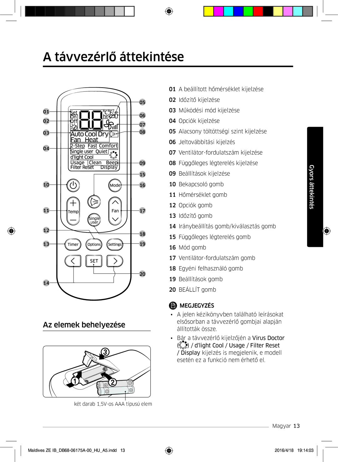 Samsung AR12KSFPEWQNZE, AR09KSFPEWQNZE manual Távvezérlő áttekintése, Az elemek behelyezése 