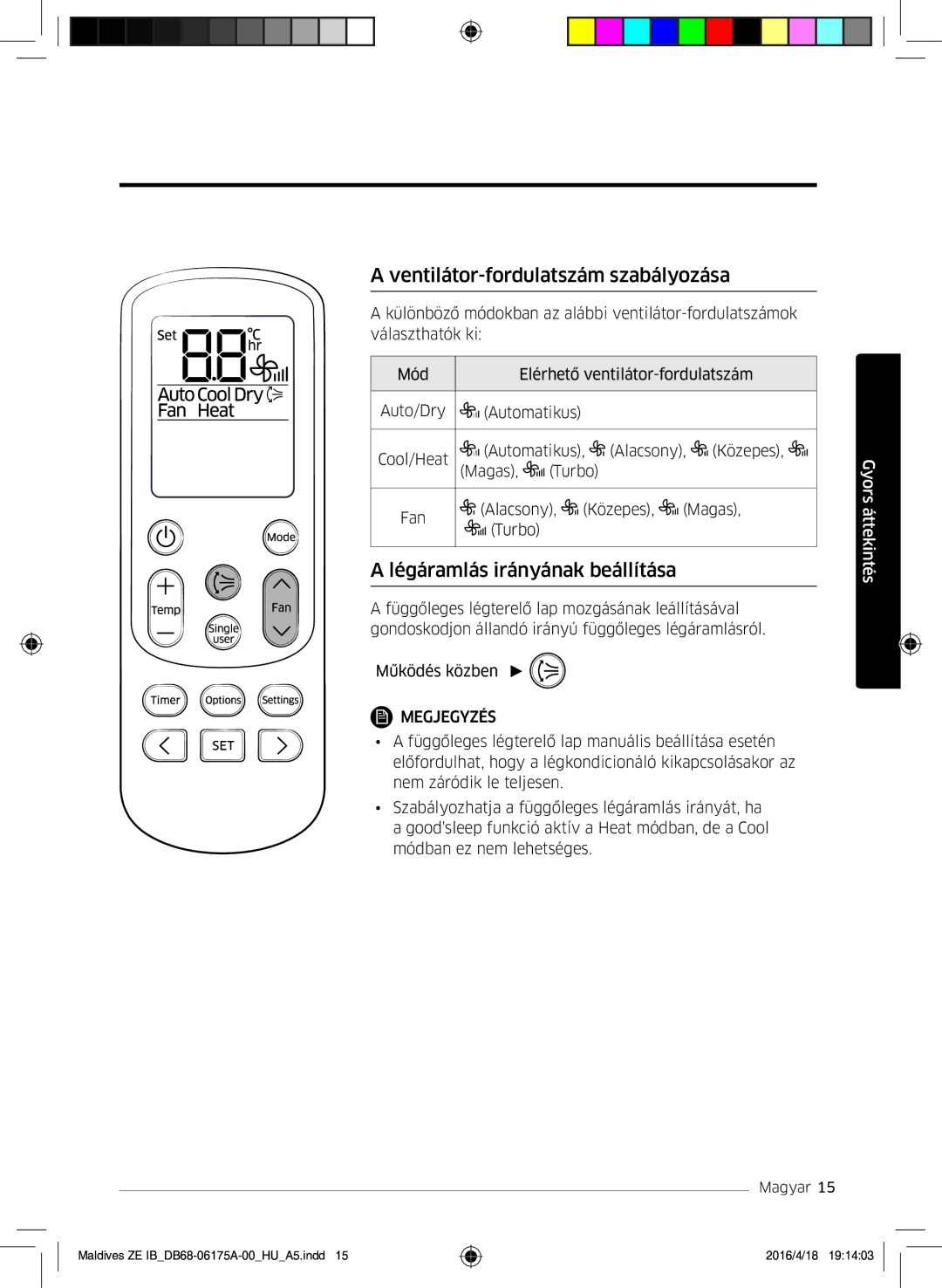 Samsung AR12KSFPEWQNZE, AR09KSFPEWQNZE manual Ventilátor-fordulatszám szabályozása, Légáramlás irányának beállítása 