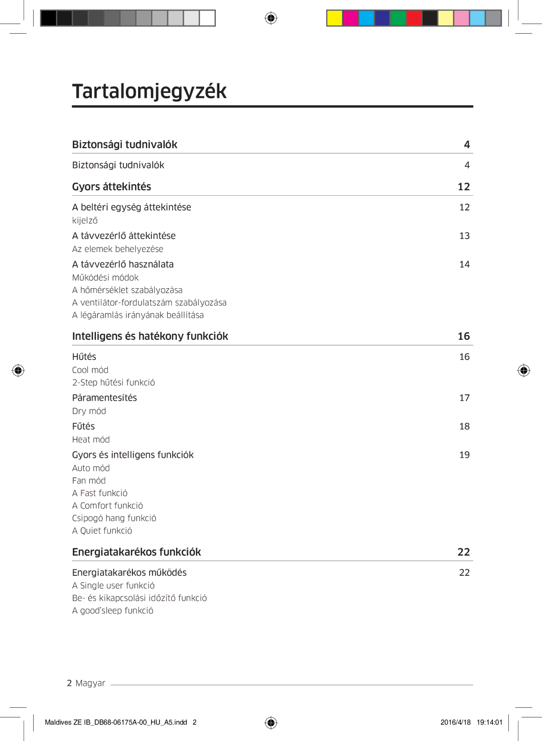 Samsung AR09KSFPEWQNZE, AR12KSFPEWQNZE manual Tartalomjegyzék, Gyors áttekintés 