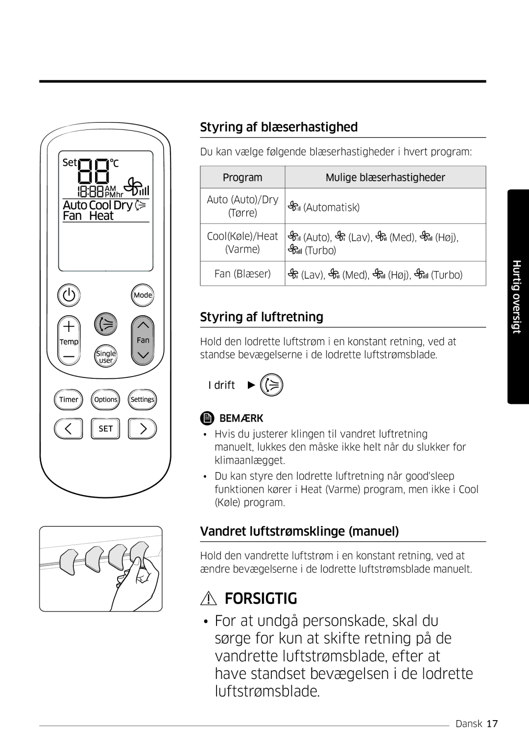 Samsung AR12KSFSQWKNEE, AR09KSFSQWKNEE Styring af blæserhastighed, Styring af luftretning, Vandret luftstrømsklinge manuel 