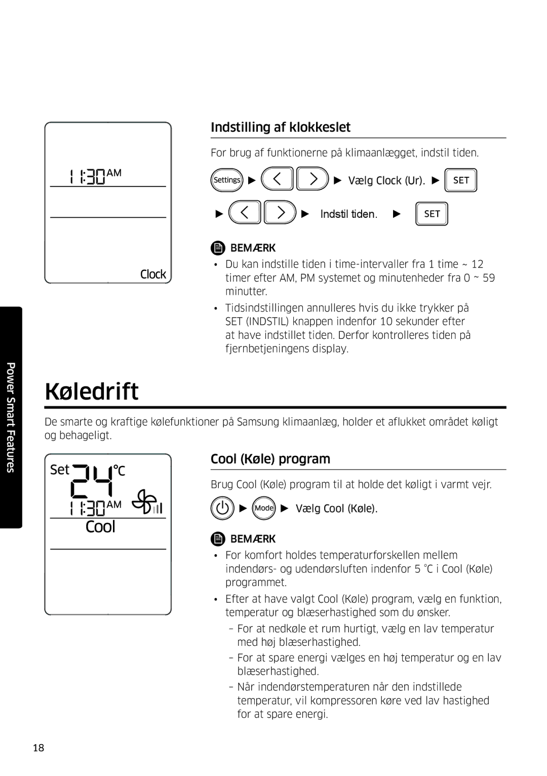 Samsung AR09KSFSQWKNEE, AR12KSFSQWKNEE manual Køledrift, Indstilling af klokkeslet, Cool Køle program 