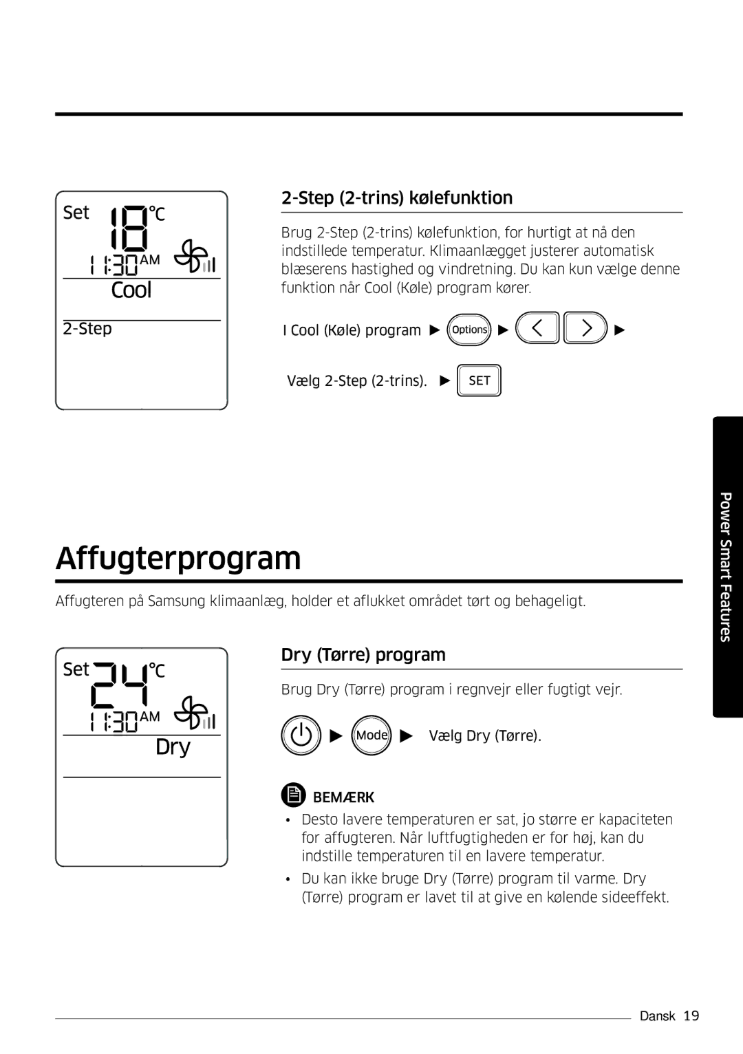 Samsung AR12KSFSQWKNEE, AR09KSFSQWKNEE manual Affugterprogram, Trins kølefunktion, Dry Tørre program 