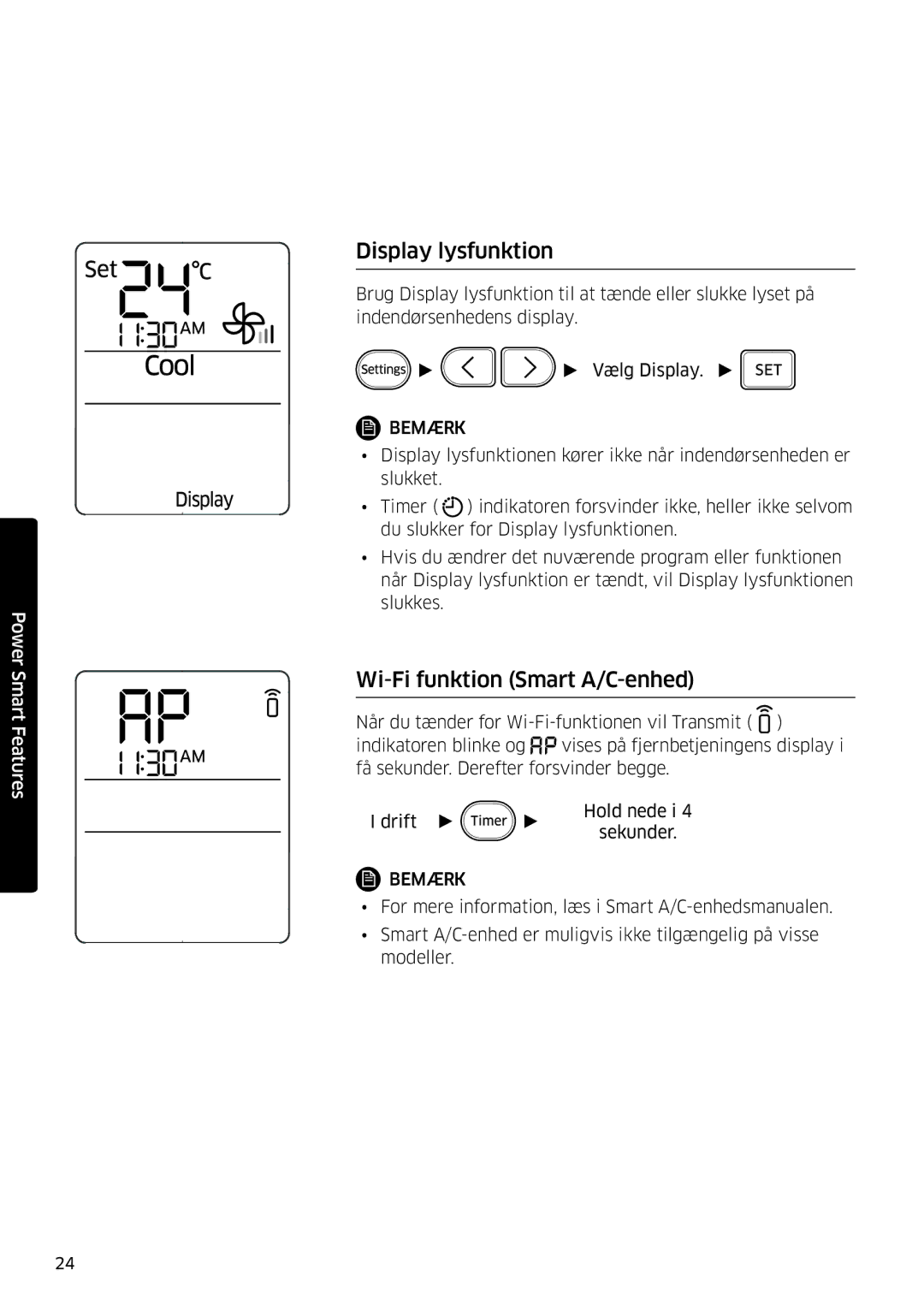 Samsung AR09KSFSQWKNEE, AR12KSFSQWKNEE manual Display lysfunktion, Wi-Fi funktion Smart A/C-enhed 