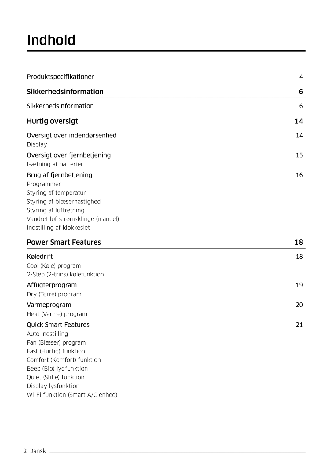 Samsung AR09KSFSQWKNEE, AR12KSFSQWKNEE manual Indhold, Hurtig oversigt 