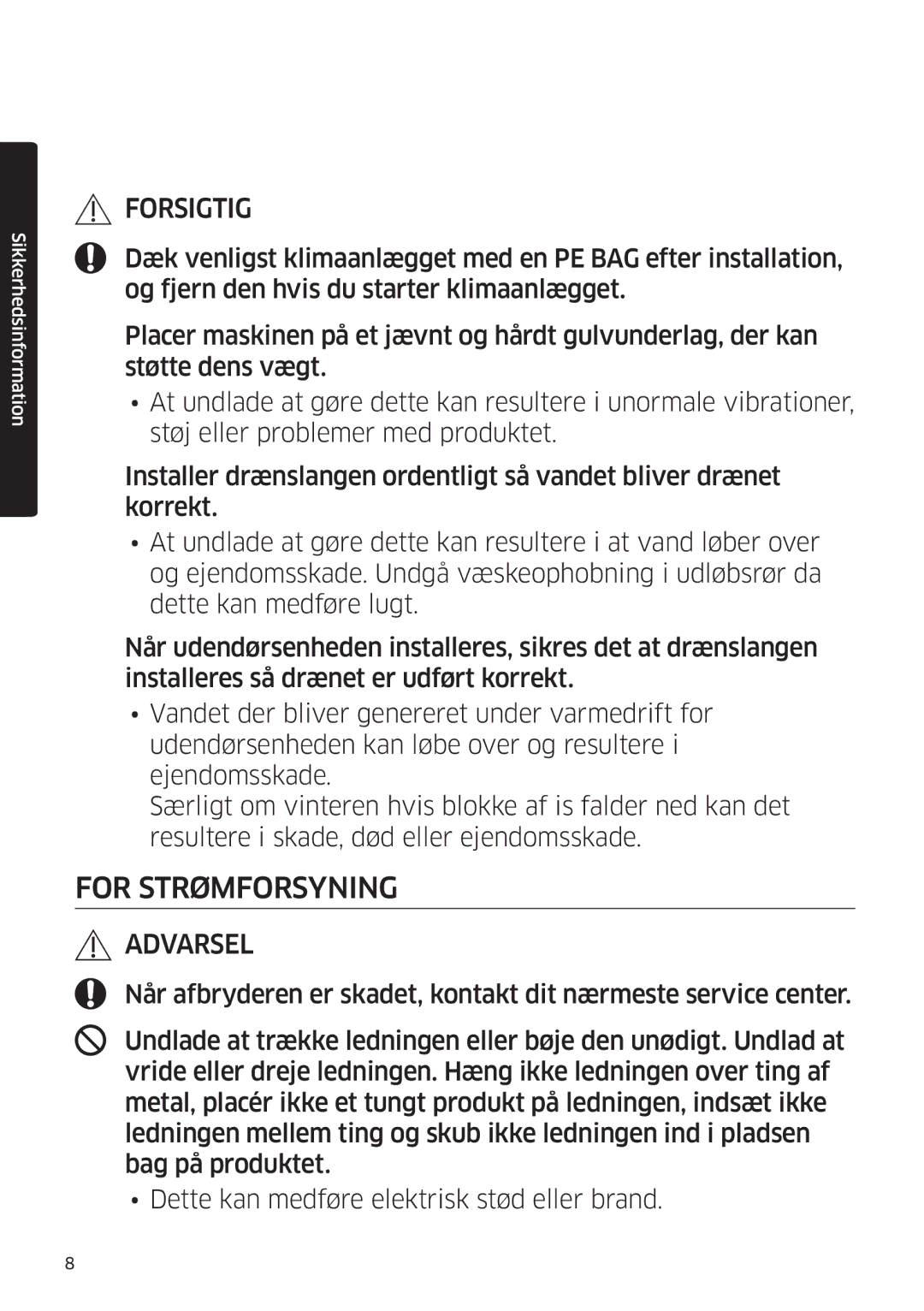 Samsung AR09KSFSQWKNEE, AR12KSFSQWKNEE manual For Strømforsyning 