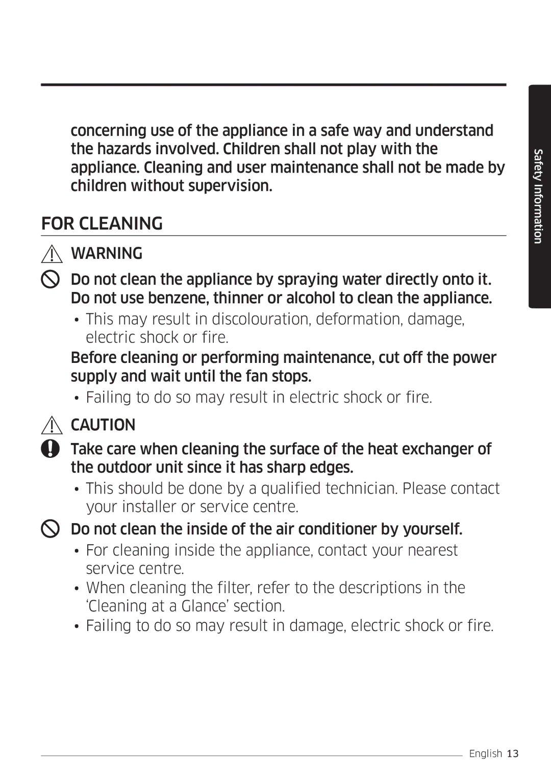 Samsung AR12KSFSQWKNEE, AR09KSFSQWKNEE manual For Cleaning 