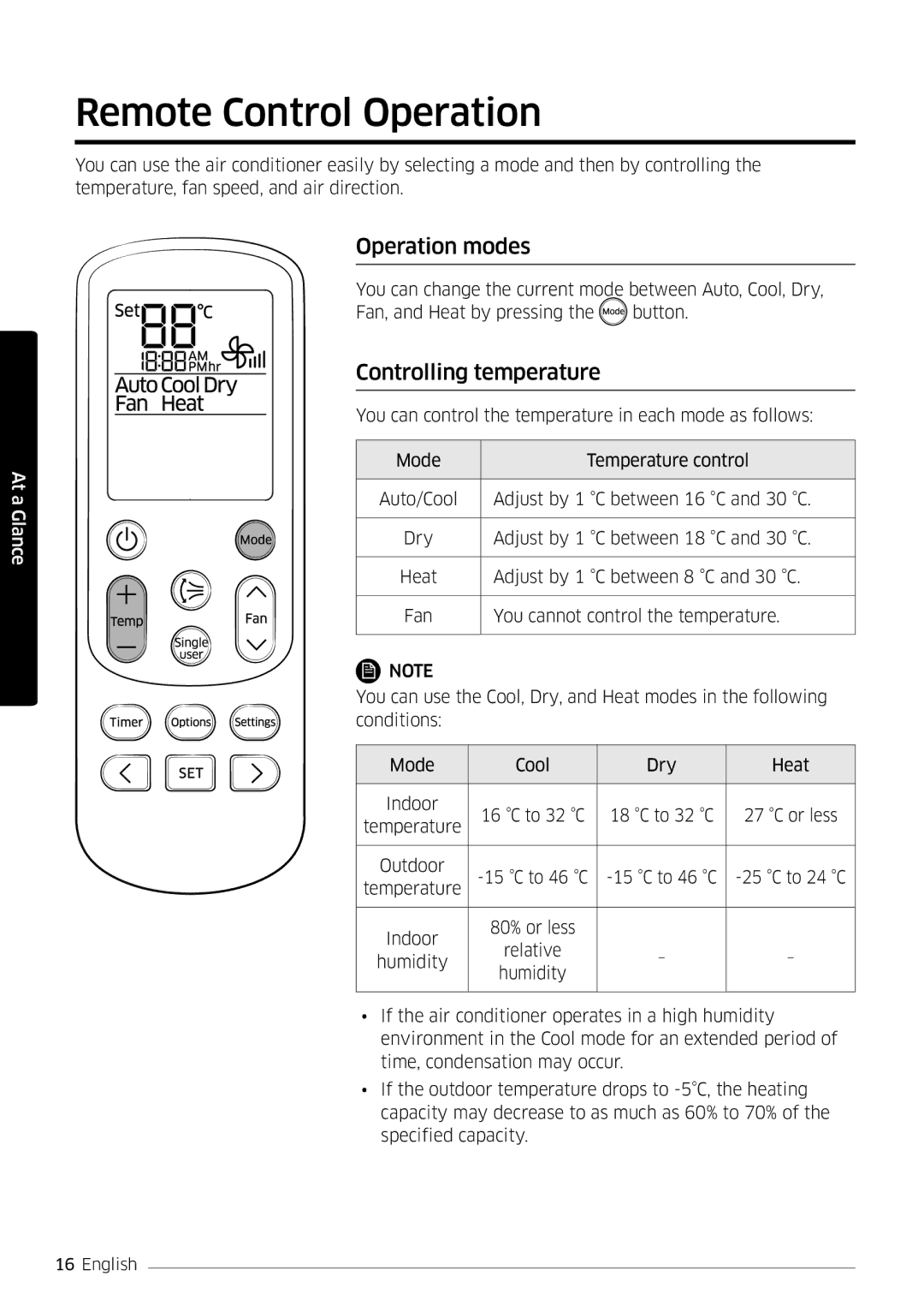 Samsung AR09KSFSQWKNEE, AR12KSFSQWKNEE manual Remote Control Operation, Operation modes, Controlling temperature 