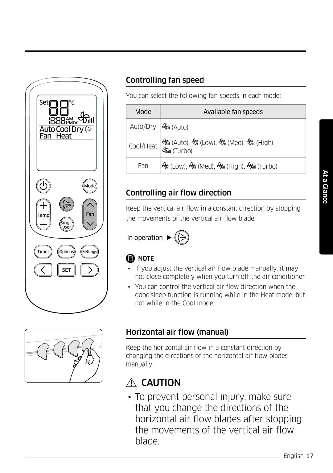 Samsung AR12KSFSQWKNEE, AR09KSFSQWKNEE Controlling fan speed, Controlling air flow direction, Horizontal air flow manual 
