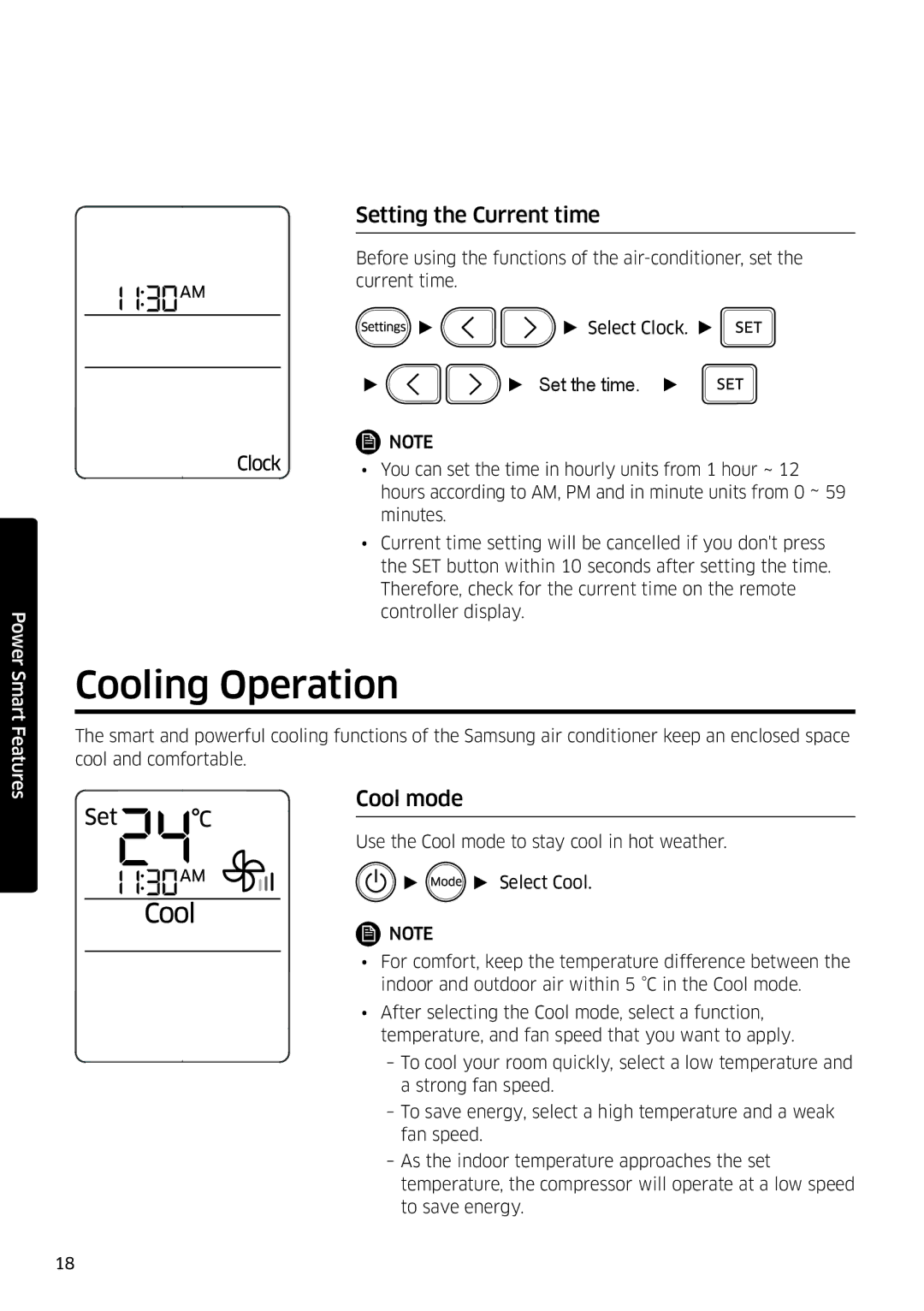 Samsung AR09KSFSQWKNEE, AR12KSFSQWKNEE manual Cooling Operation, Setting the Current time, Cool mode 