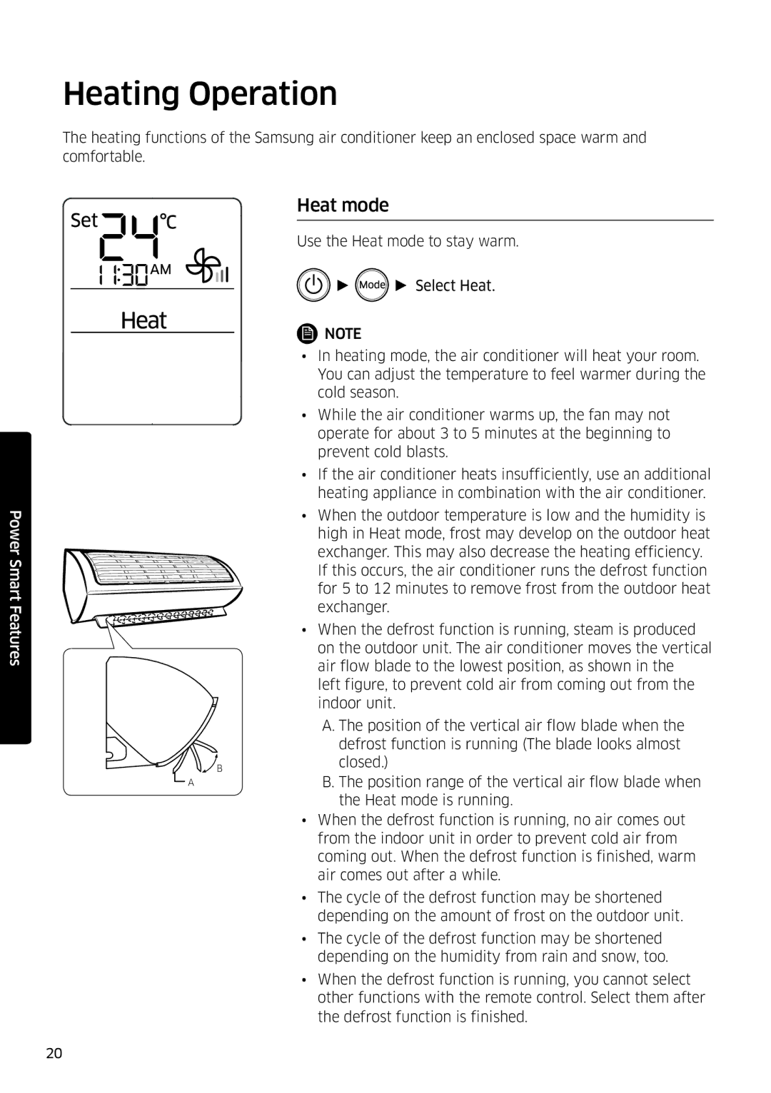 Samsung AR09KSFSQWKNEE, AR12KSFSQWKNEE manual Heating Operation, Heat mode 