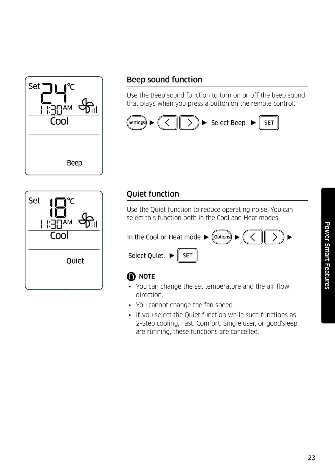 Samsung AR12KSFSQWKNEE, AR09KSFSQWKNEE manual Beep sound function, Quiet function 