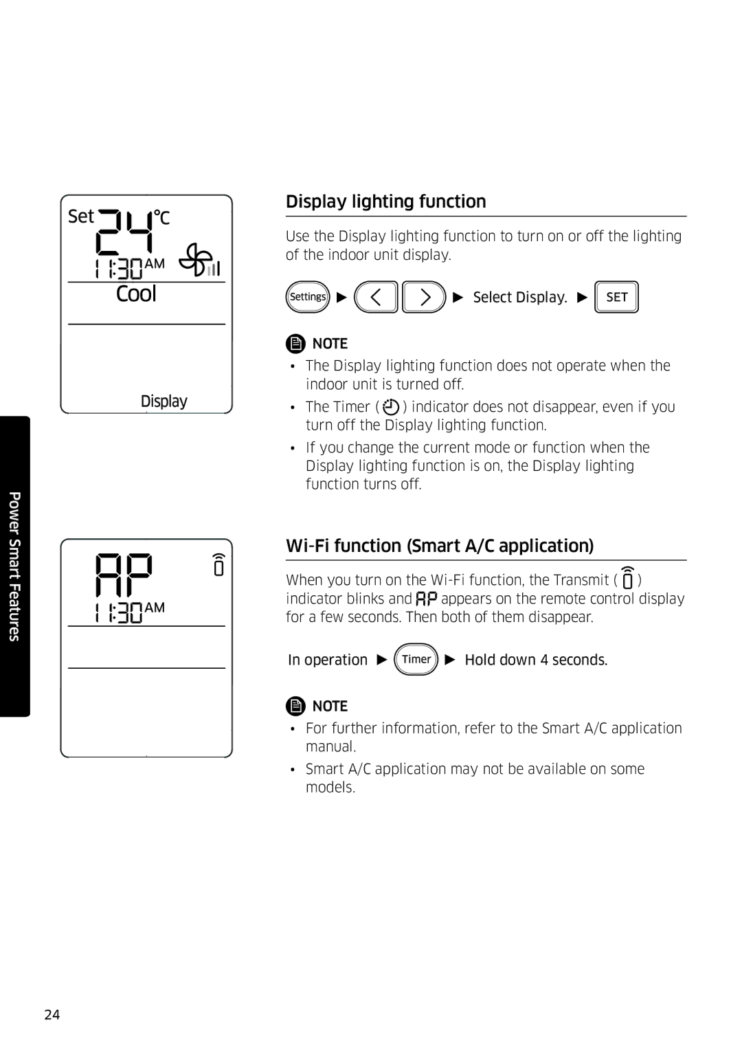 Samsung AR09KSFSQWKNEE, AR12KSFSQWKNEE manual Display lighting function, Wi-Fi function Smart A/C application 