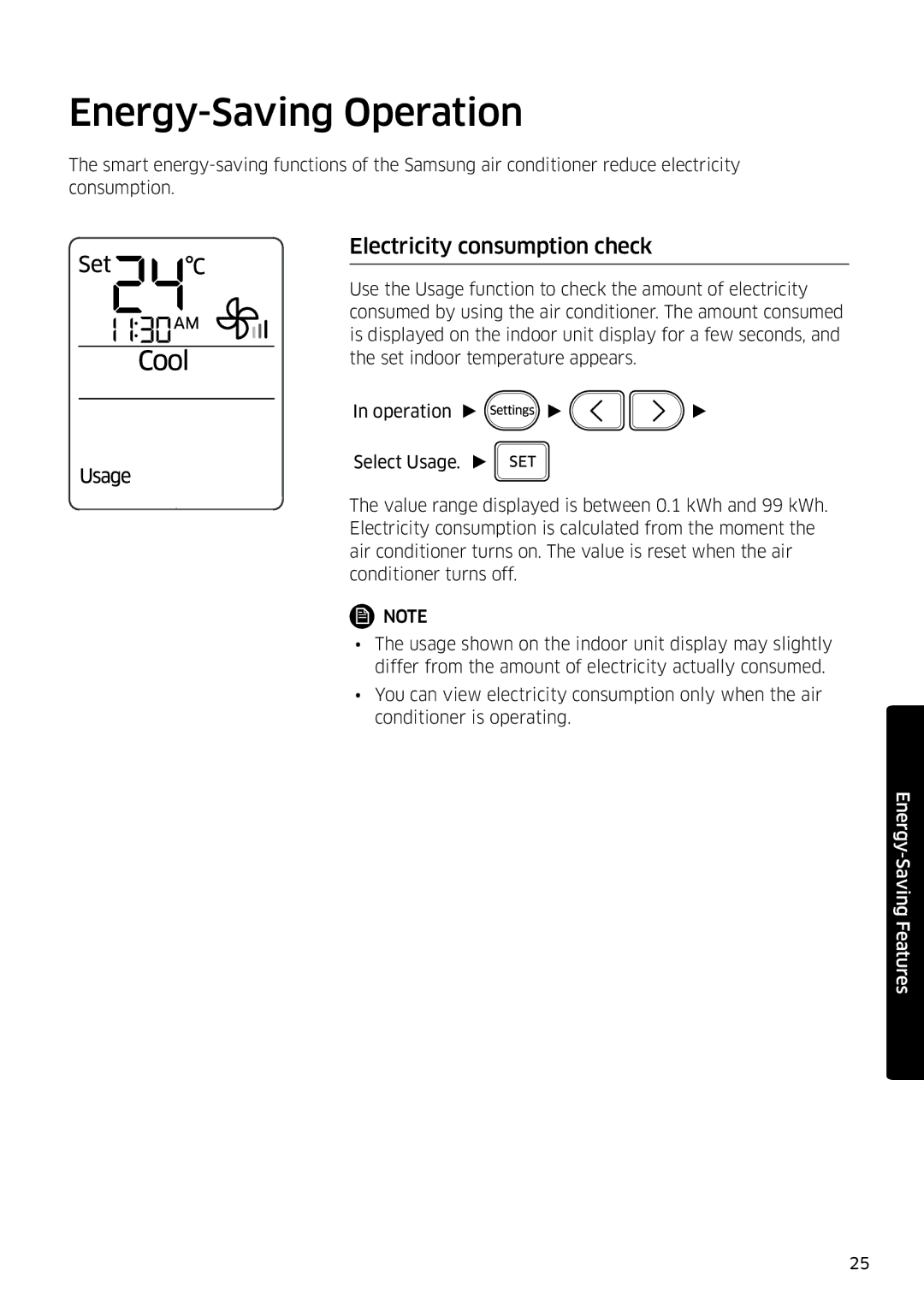 Samsung AR12KSFSQWKNEE, AR09KSFSQWKNEE manual Energy-Saving Operation, Electricity consumption check 