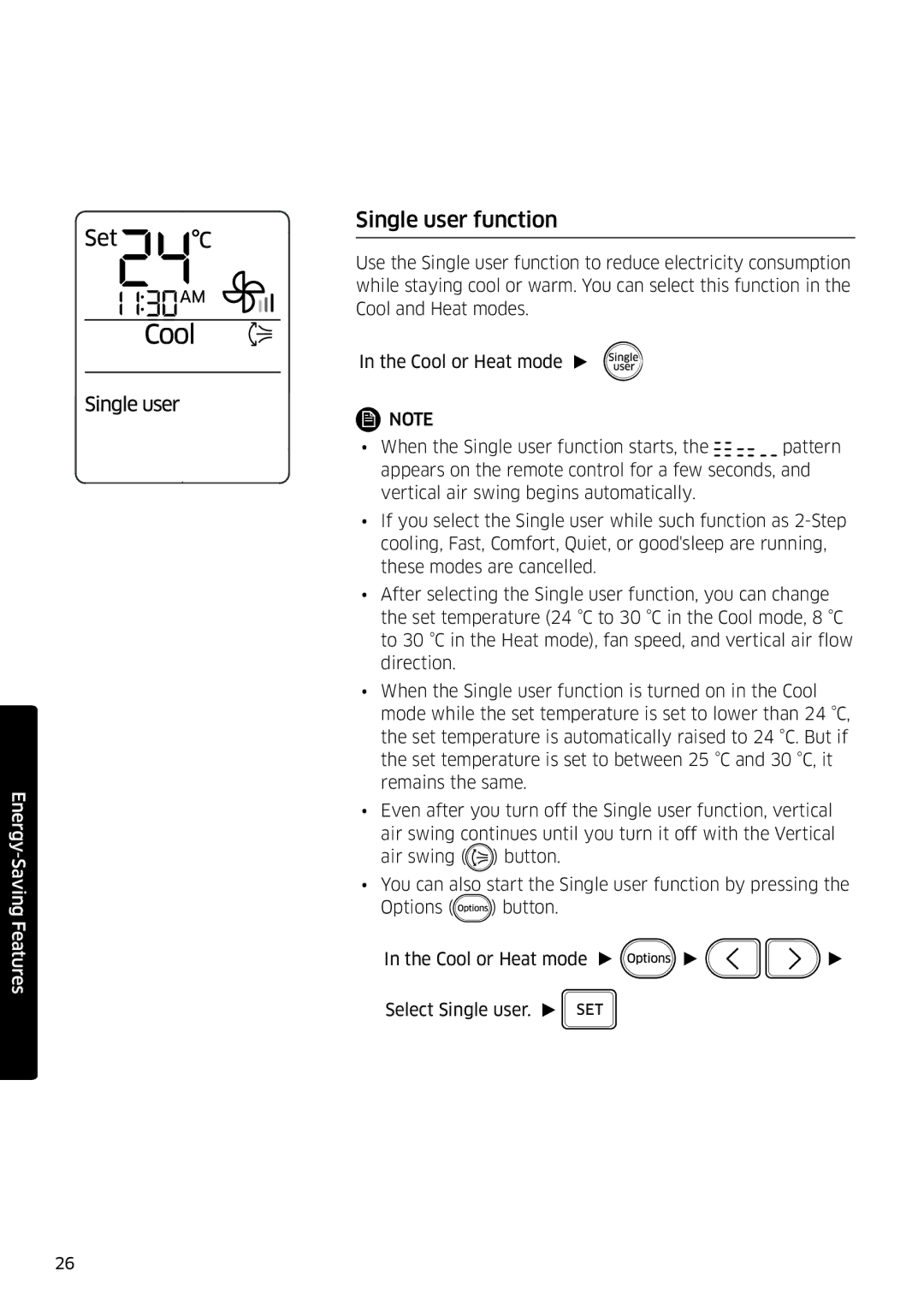 Samsung AR09KSFSQWKNEE, AR12KSFSQWKNEE manual Single user function 