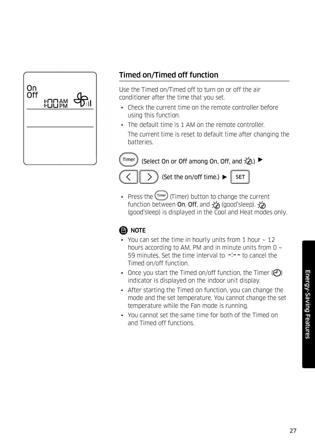 Samsung AR12KSFSQWKNEE, AR09KSFSQWKNEE manual Timed on/Timed off function 