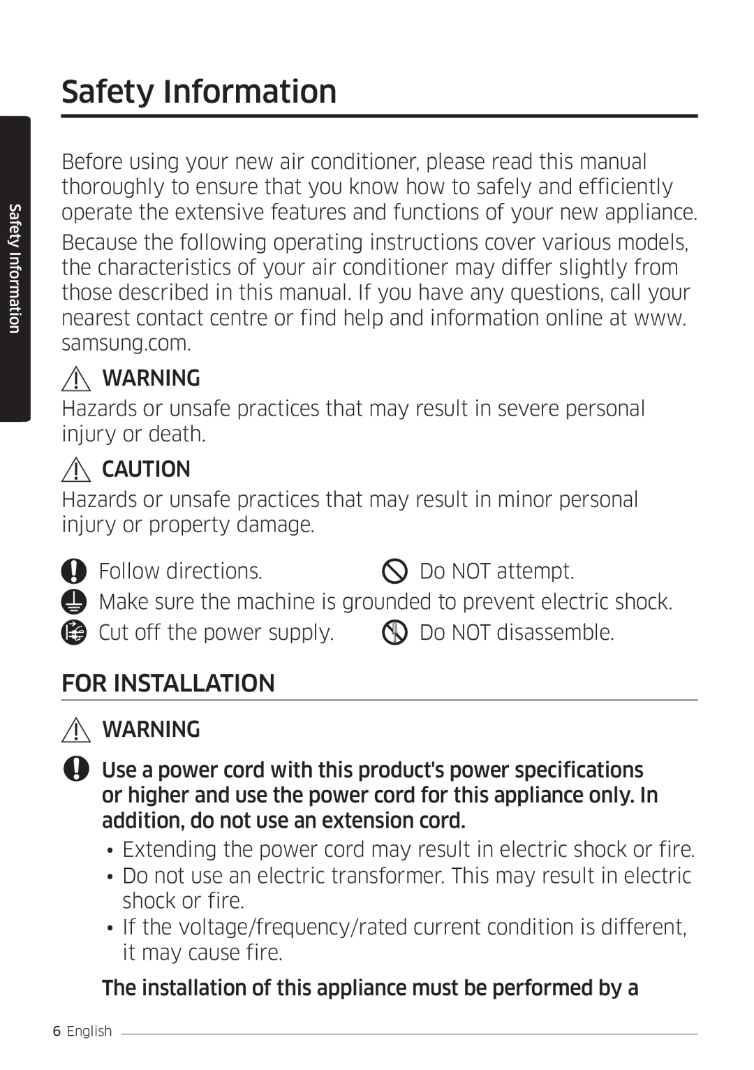 Samsung AR09KSFSQWKNEE, AR12KSFSQWKNEE manual Safety Information, For Installation 