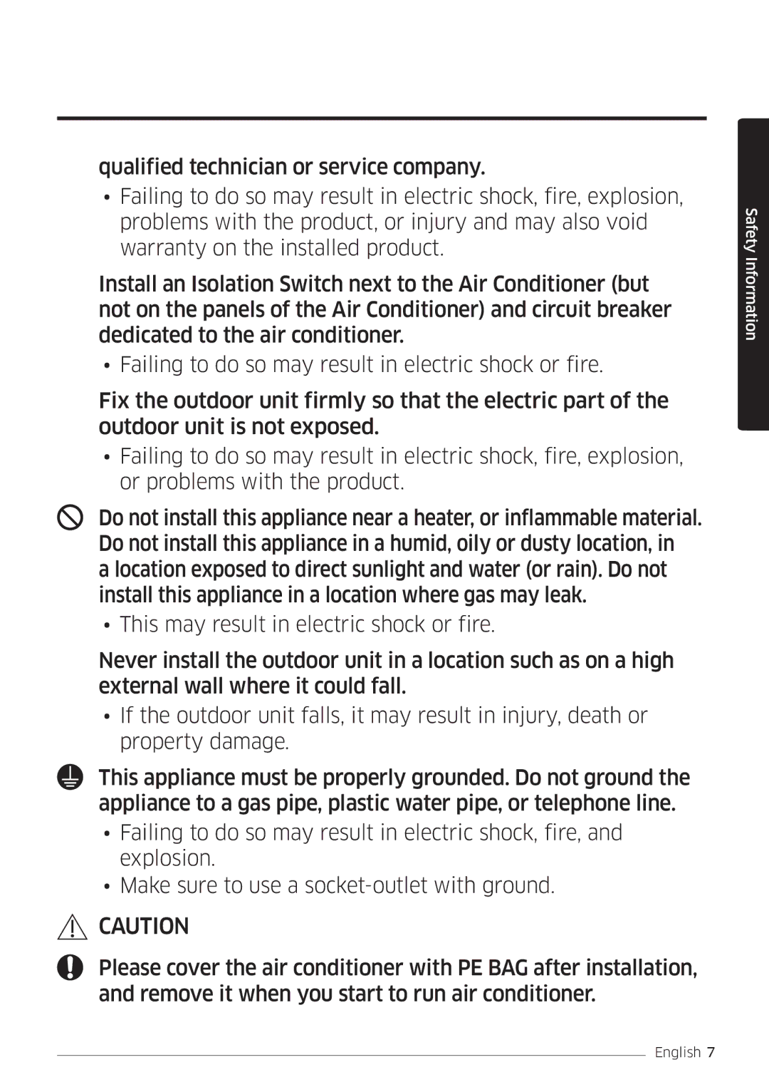 Samsung AR12KSFSQWKNEE, AR09KSFSQWKNEE manual Safety Information 