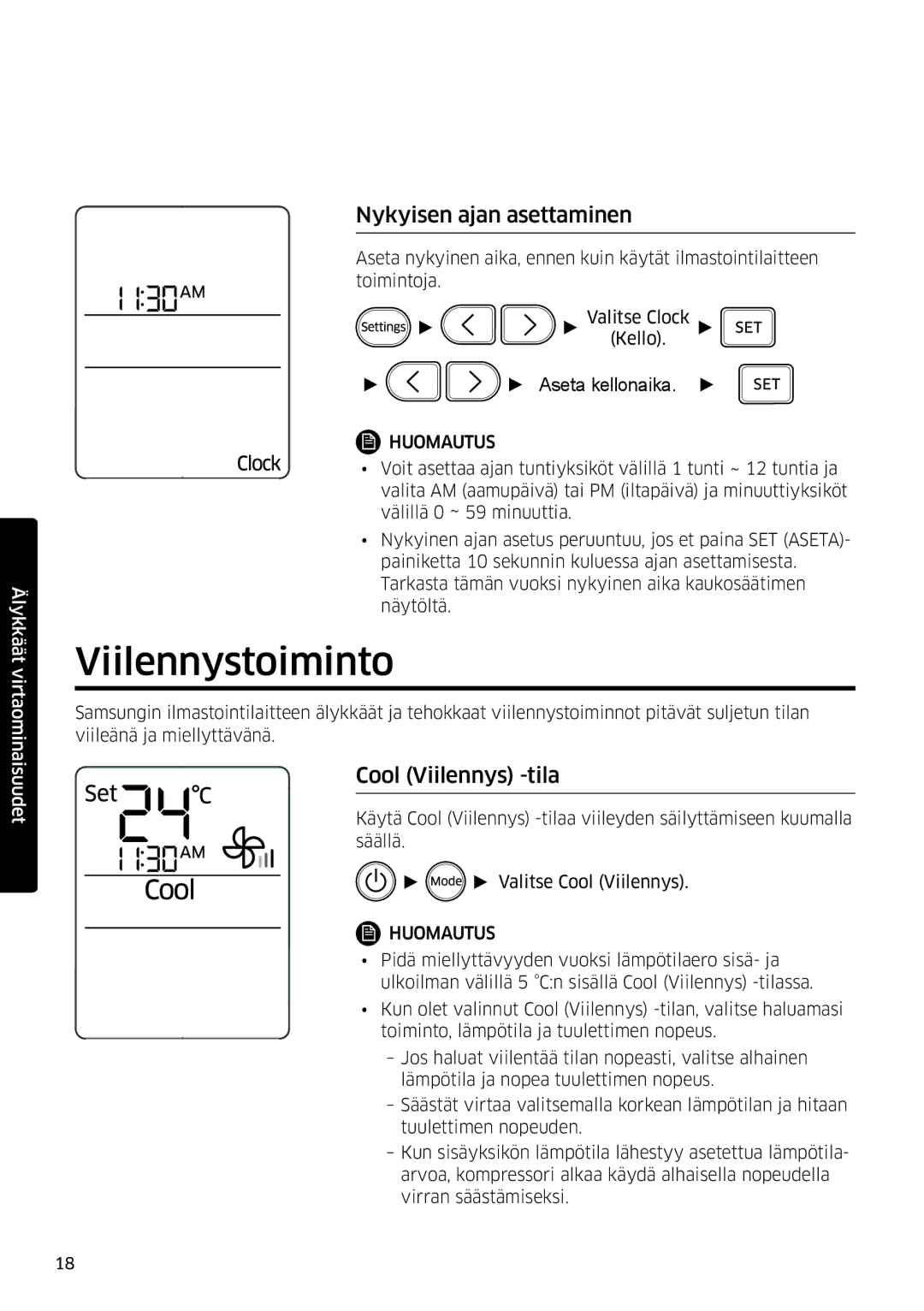 Samsung AR09KSFSQWKNEE, AR12KSFSQWKNEE manual Viilennystoiminto, Nykyisen ajan asettaminen, Cool Viilennys -tila 